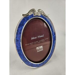 Vtg Picture This Silver Plated 3.5x5 Brass Photo Frame Lacquer Coated Blue Oval